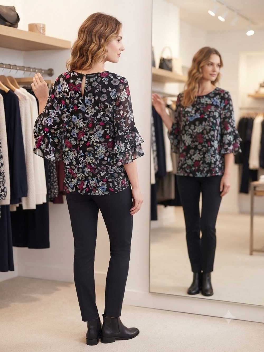 Liz Claiborne Black Floral Ruffle-Sleeve Blouse